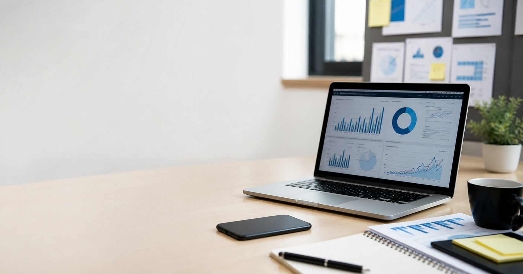 A realistic business desk with a laptop showing analytics, notes, and a phone for an artificial intelligence news briefing