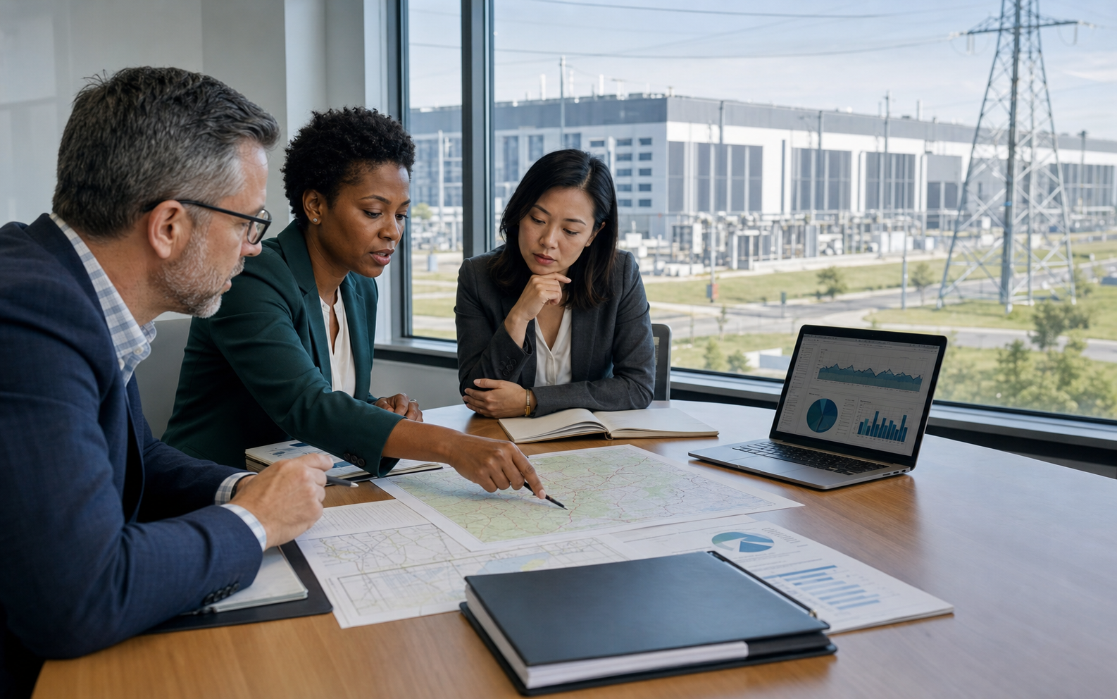 Policy and infrastructure professionals reviewing energy maps beside a real data center in daylight