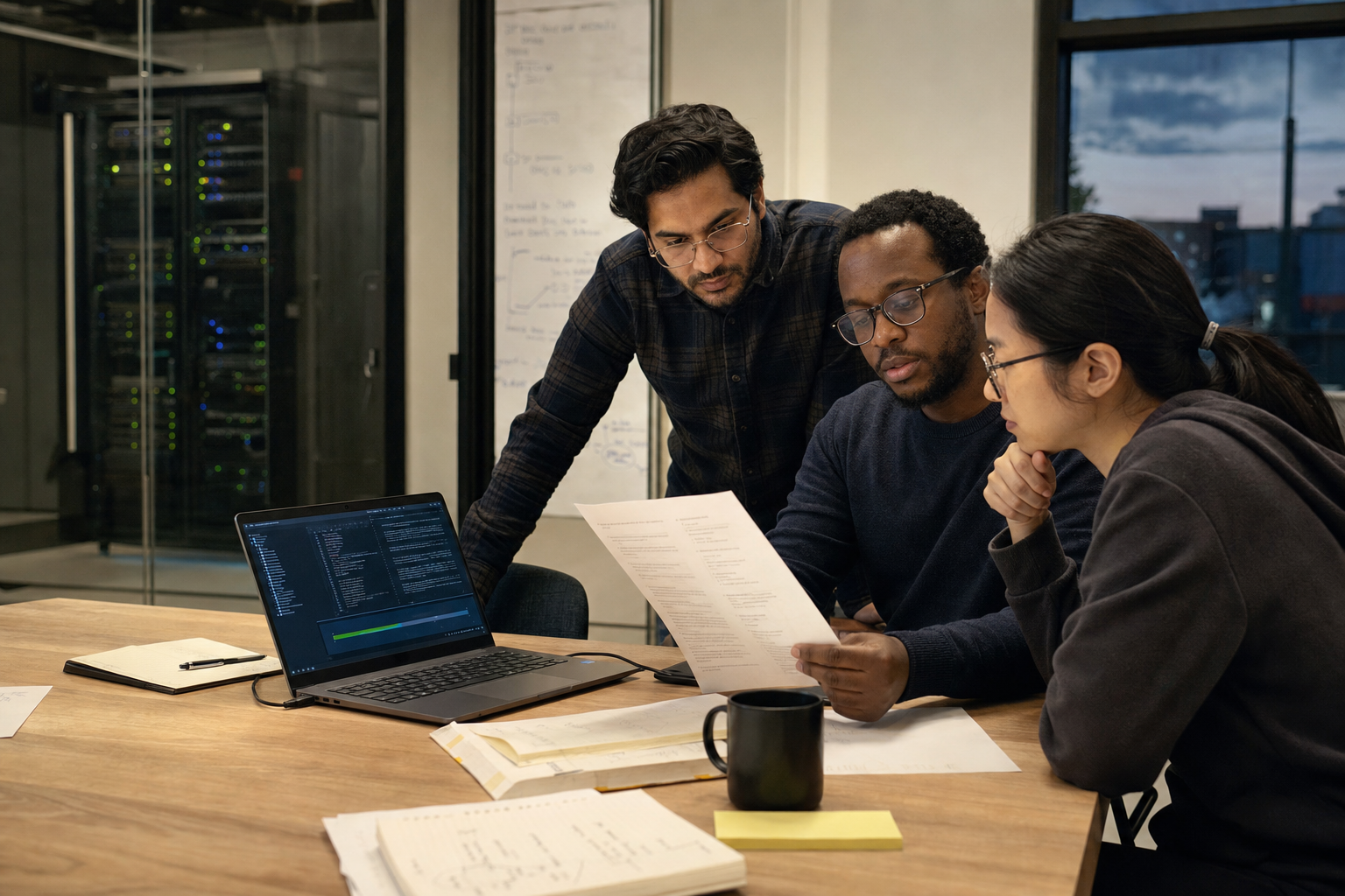 Machine-learning engineers review an open-weight AI deployment checklist in a present-day lab
