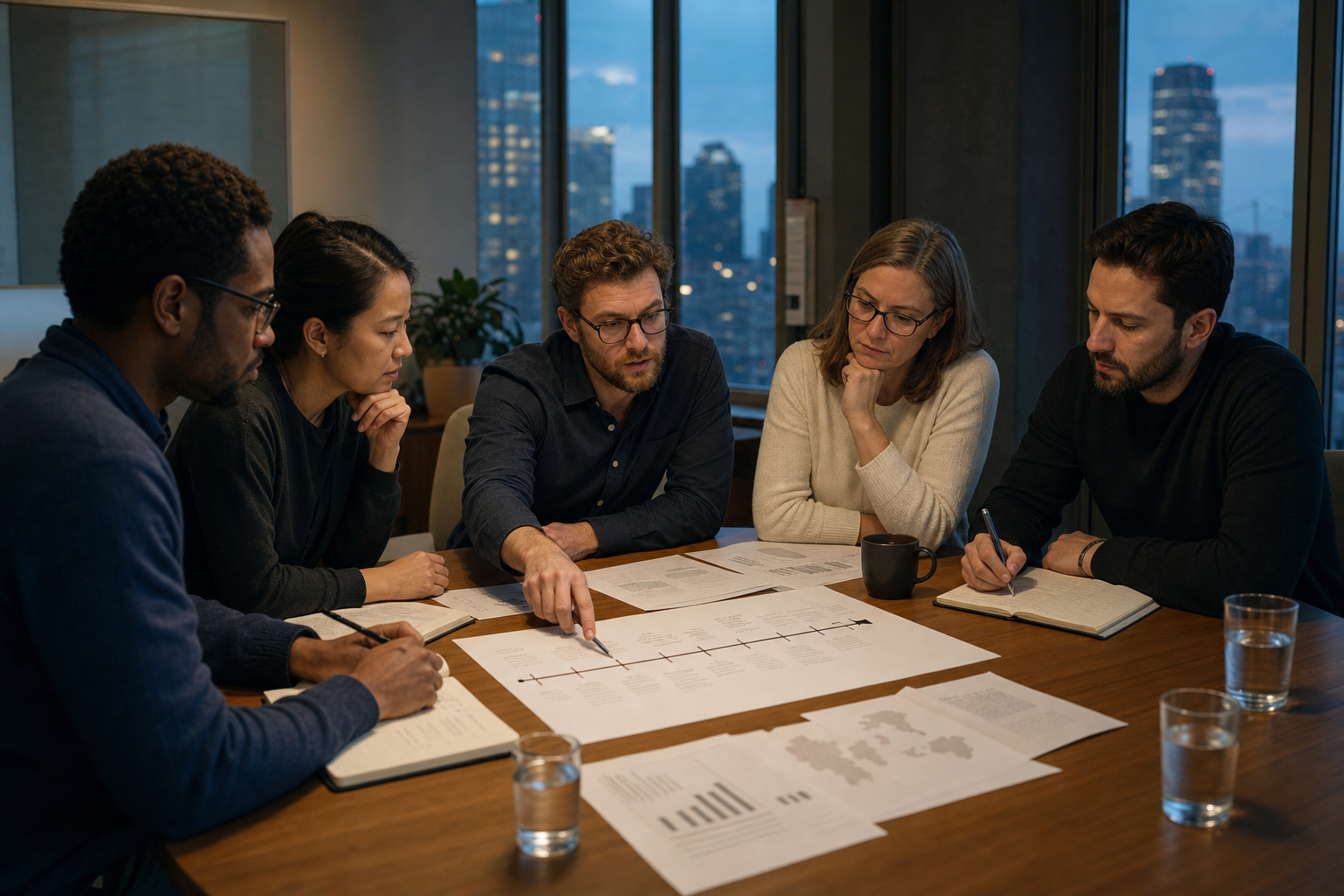 Engineers and policy specialists review a frontier AI development timeline in a present-day conference room