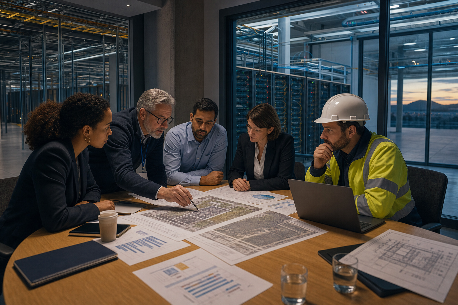 Infrastructure engineers and public-sector planners review data-centre site plans beside a present-day server hall