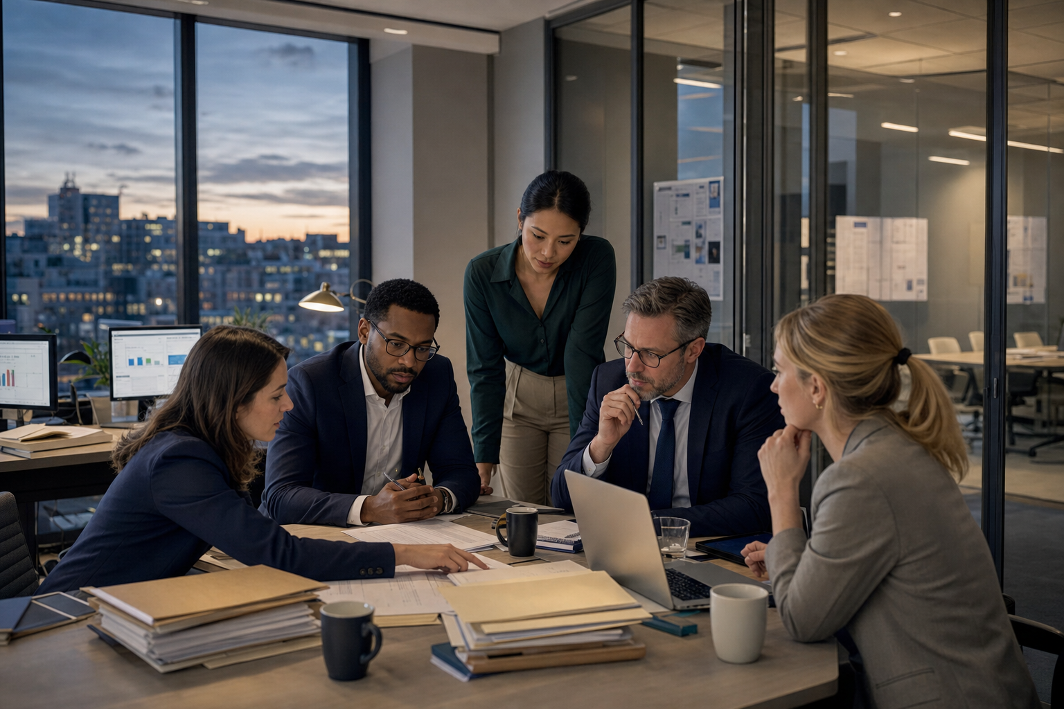 Policy, legal and technical specialists review an AI compliance case in a contemporary Brussels office at dusk