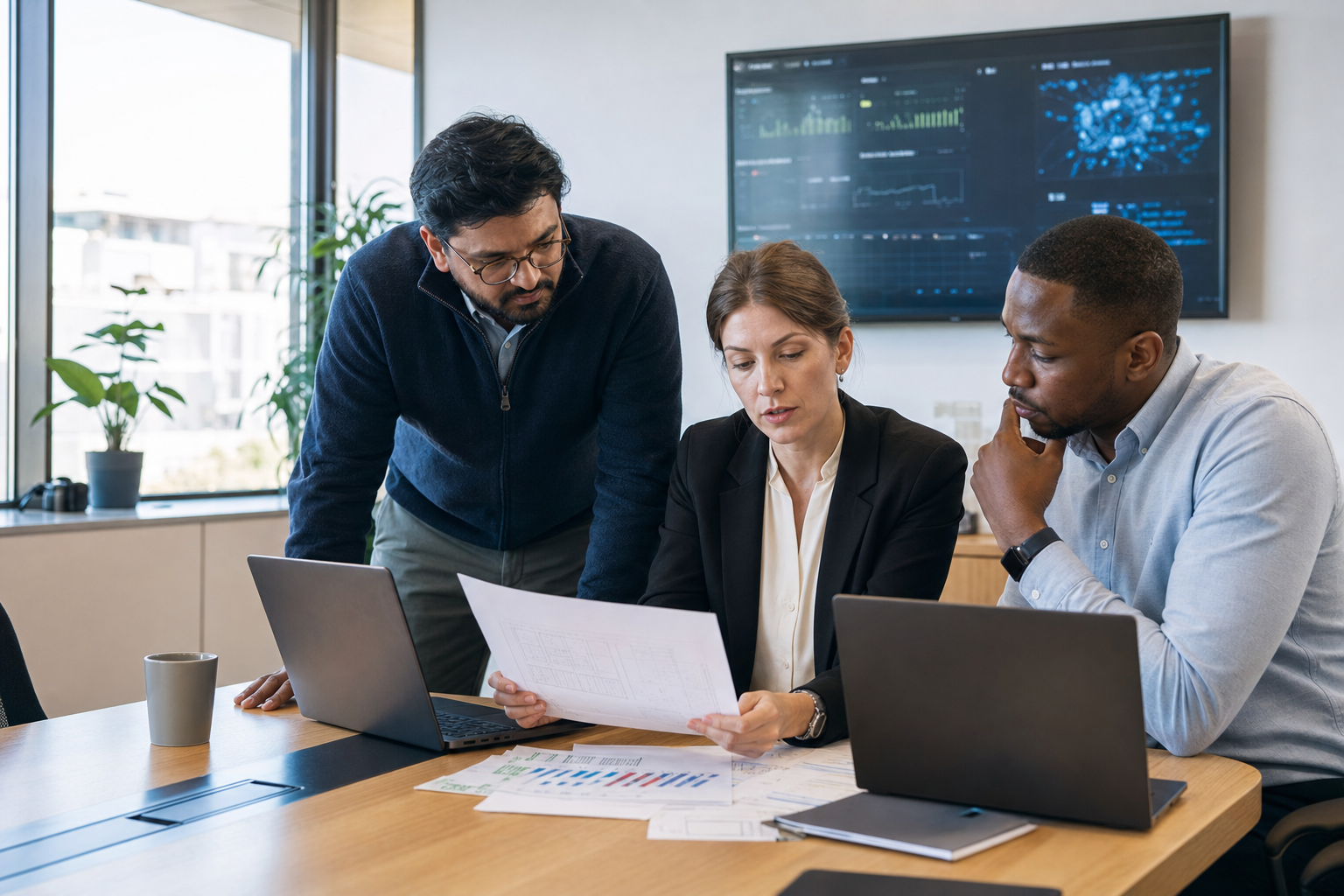 Infrastructure, cybersecurity and operations leaders review an AI capacity and access-control plan in a contemporary office