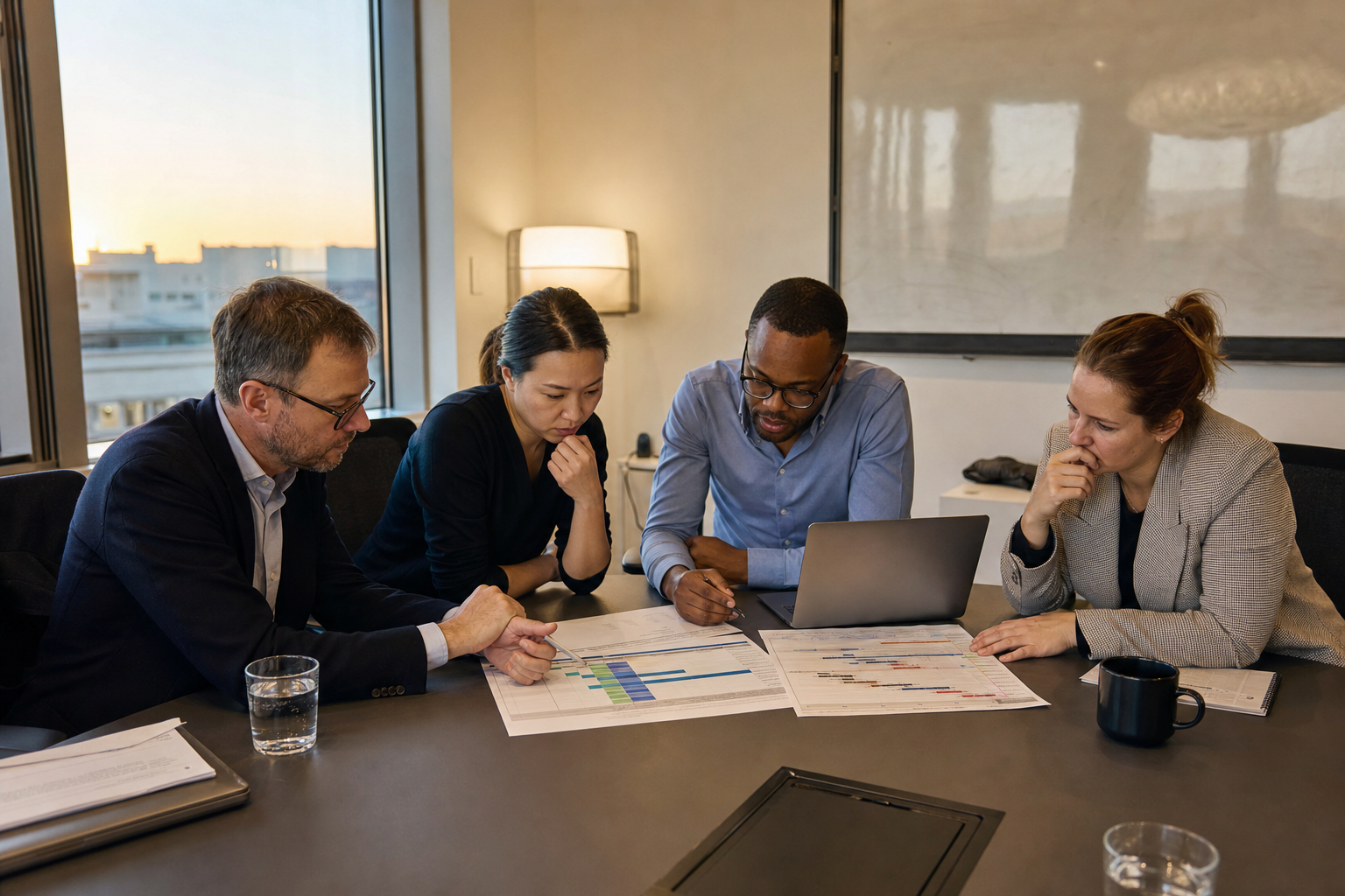 Policy and cybersecurity professionals review two AI compliance timelines in a realistic office at dusk
